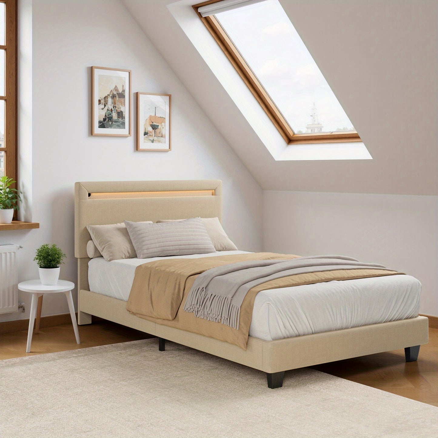 Bedframe – Gestoffeerd Bed – Eenpersoonsbed – Tweepersoonsbed – Boxspringbed – Modern Ontwerp – 90x200 cm – Gevoerd Hoofdbord – Stevig & Eenvoudig Montage