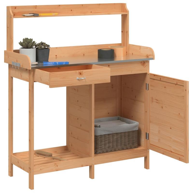 Tuinwerkbank – Buitenwerkbank – Werktafel – Tuinmeubel – Tuinkast – Stevig Vurenhout – Ruim Werkblad 110,5x45 cm – Bruin