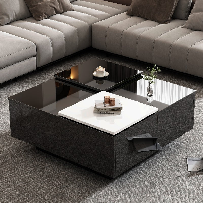 Zwarte Vierkante Salontafel – Koffietafel – Bijzettafel – Woonkamertafel – Opbergtafel – Verwijderbaar Wit Blad – Stabiele Metalen Driepootbasis 75x75x35 cm