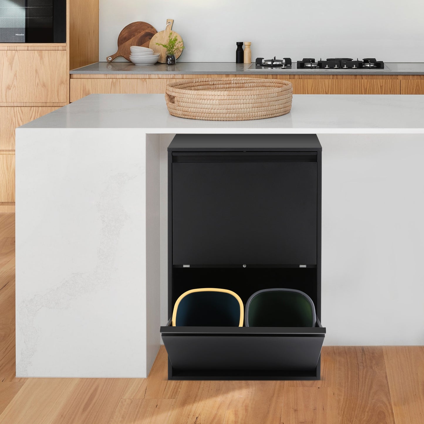 4x15L Kitchen Trash Can | Black, Sorting Trash Bin, Rubbish Storage Cabinet, Carbon Steel, Rectangle Shape, NaMaSyo Brand