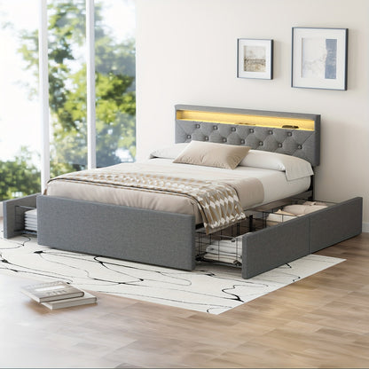 140x200 cm Tweepersoonsbed Frame – Gestoffeerd Platformbed met Opberghoofdeinde & 4 Laden – Linnen Grijs, Metaal-Hout Frame, Modern en Eenvoudig te Monteren