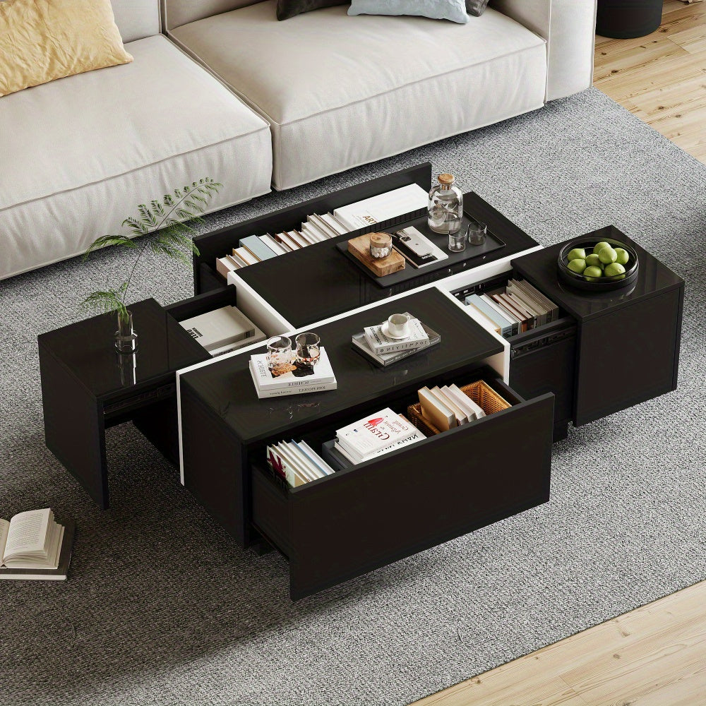 Salontafel – Koffietafel – Woonkamertafel – Tafel – Sofa Tafel – Modern Zwart – 4 Lades – Uitschuifbaar Tafelblad