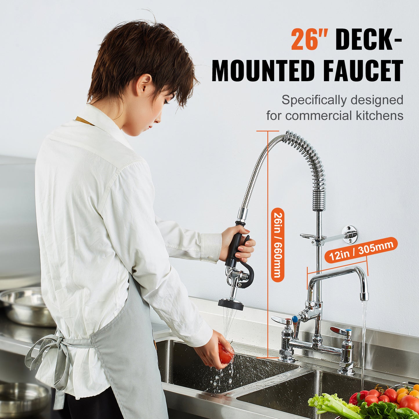 Professionele Keukenkraan – Keukenslang Kraan – Spoelbak Kraan – Mengkraan – Pre-Rinse Kraan – 26 Inch Hoogte – Duurzame Messing Constructie – Krachtige Pre-Rinse Sproeikop