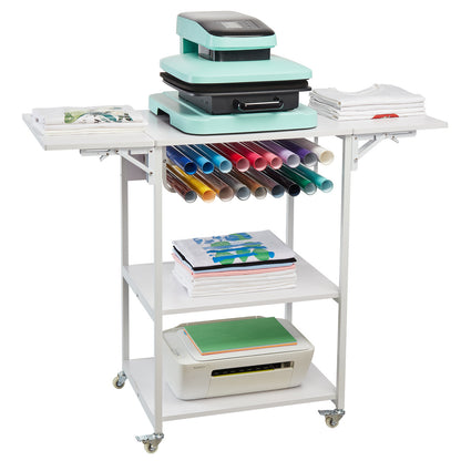 Heat Press Werktafel – Workbench – Werkbank – Tafel – Werkplek – Inklapbare Zijkanten – Mobiel Met Wielen – Stevig Metaalframe – Ruime Opbergruimte – Wit
