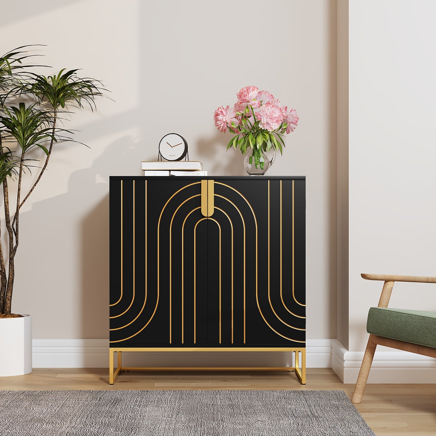 Dressoir – Ladekast – Opbergkast – Buffetkast – Kast – Modern – Hoogwaardig Hout – Gouden Metalen Poten – 2 Deuren – 3,2+ Kubieke Voet Opbergruimte – Zwart Turquoise