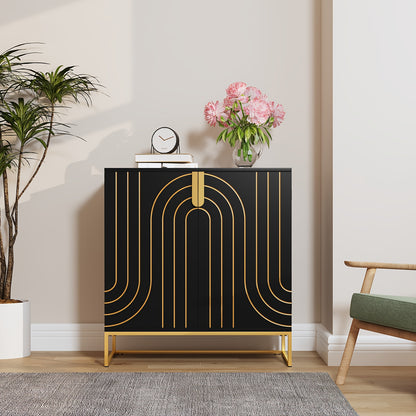 Dressoir – Ladekast – Opbergkast – Buffetkast – Kast – Modern – Hoogwaardig Hout – Gouden Metalen Poten – 2 Deuren – 3,2+ Kubieke Voet Opbergruimte – Zwart Turquoise