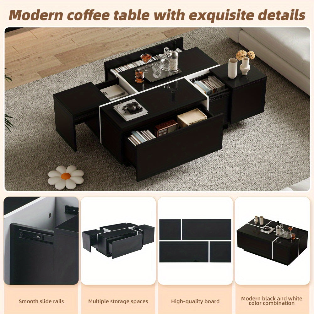 Salontafel – Koffietafel – Woonkamertafel – Tafel – Sofa Tafel – Modern Zwart – 4 Lades – Uitschuifbaar Tafelblad