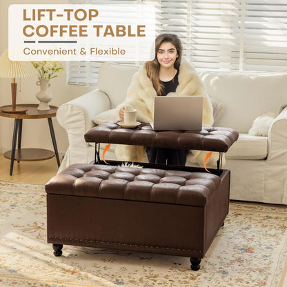 Poef – Ottoman – Zitzak – Voetenbank – Hocker – Grote Vierkante Opbergpoef – Donkerbruin Kunstleer – Lift-Top Met Opbergruimte