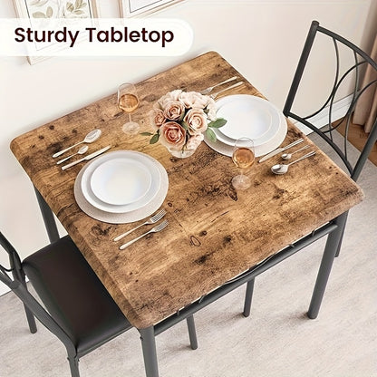 Compact Eettafel Set – Kleine Eetkamer Tafel – Bistro Set – Keukentafel Voor 2 Personen – Vintage Retro Stijl – Metaal En MDF – Padded Stoelen & Stevige Frame – Bruine Houtnerf Afwerking