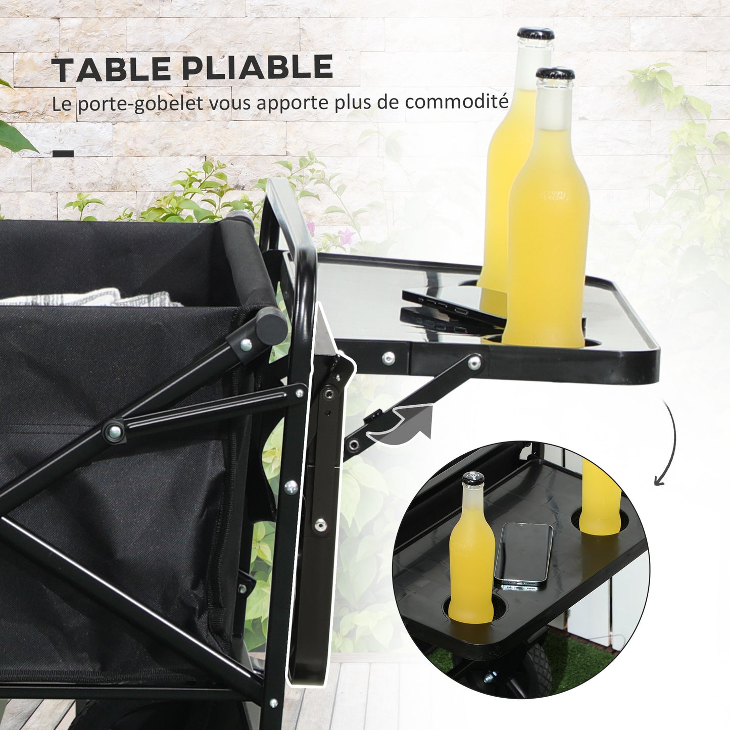Strandkar – Bolderkar – Transportkar – Opvouwbare Bolderwagen – Trekkar – Verstelbare Telescoopgreep – Opvouwbare Tafelplaat – Polyester Stalen Frame – 117x51x100 cm – Zwart