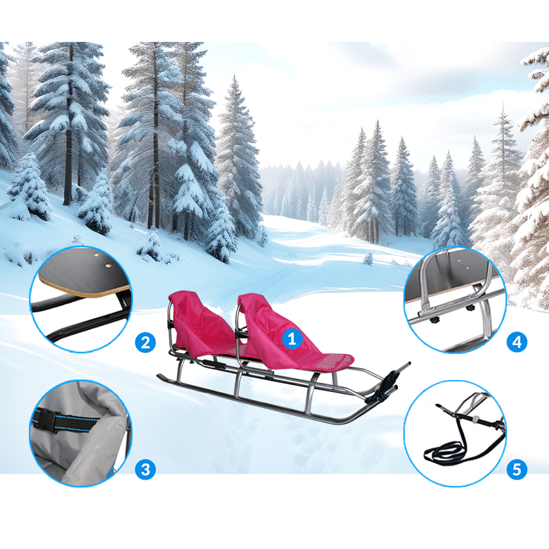 Duo Tandemslee – Tandemslee – Slee – Rodelslee – Kinderslee – Lichtgewicht Aluminium Frame – Inclusief Veiligheidsgordels en LED-Verlichting