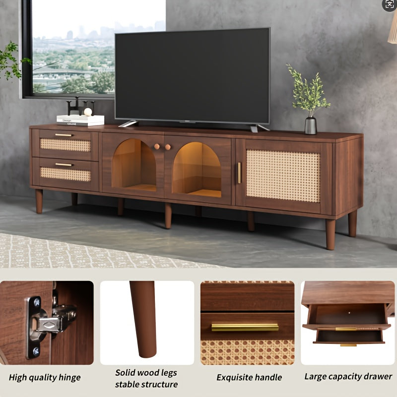 tv meubel – tv kast – tv dressoir – media meubel – tv stand – Groot Bruin Modern Tv Meubel voor 70-80 Inch – Gebogen Deuren & 2 Lades – Ruime Opbergruimte 3,2+ Kubieke Voet – Duurzaam Niet-Hout Materiaal – Eenvoudige Montage