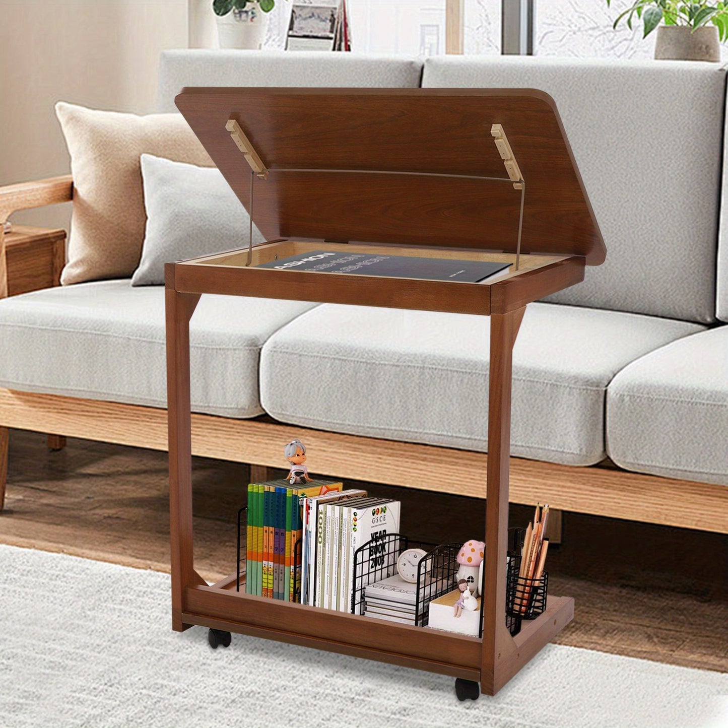 TOOL1SHOOO Multi-functional C-shaped Side Table, Featuring a 0-40° Adjustable Tilt Tabletop, Castors with Locking Wheels for Mobility, and a Double-tier Storage Shelf. Suitable for Living Rooms, Bedrooms, Offices, and Home U