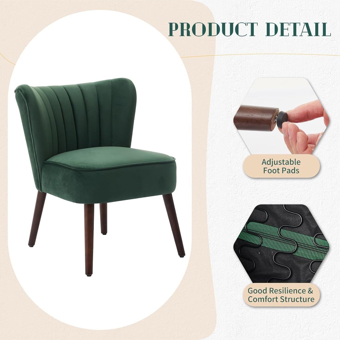 Mid-Century Moderne Loungestoel – Accentstoel – Fauteuil – Eetkamerstoel – Velvet Stoel – Groen – Gelamineerd Houten Frame – Verstelbare Poten voor Stabiliteit