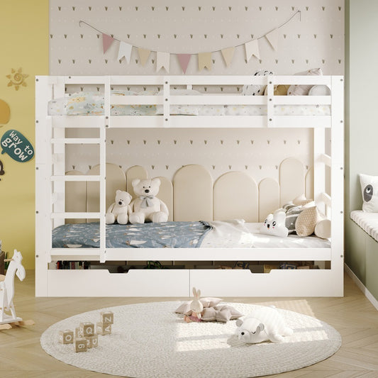 Stapelbed – Hoogslaper – Kinderbed – Lits-jumeaux – Kinderstapelbed – Massief Hout – Met Opbergruimte – 90x200 cm – Veiligheidshek – Wit