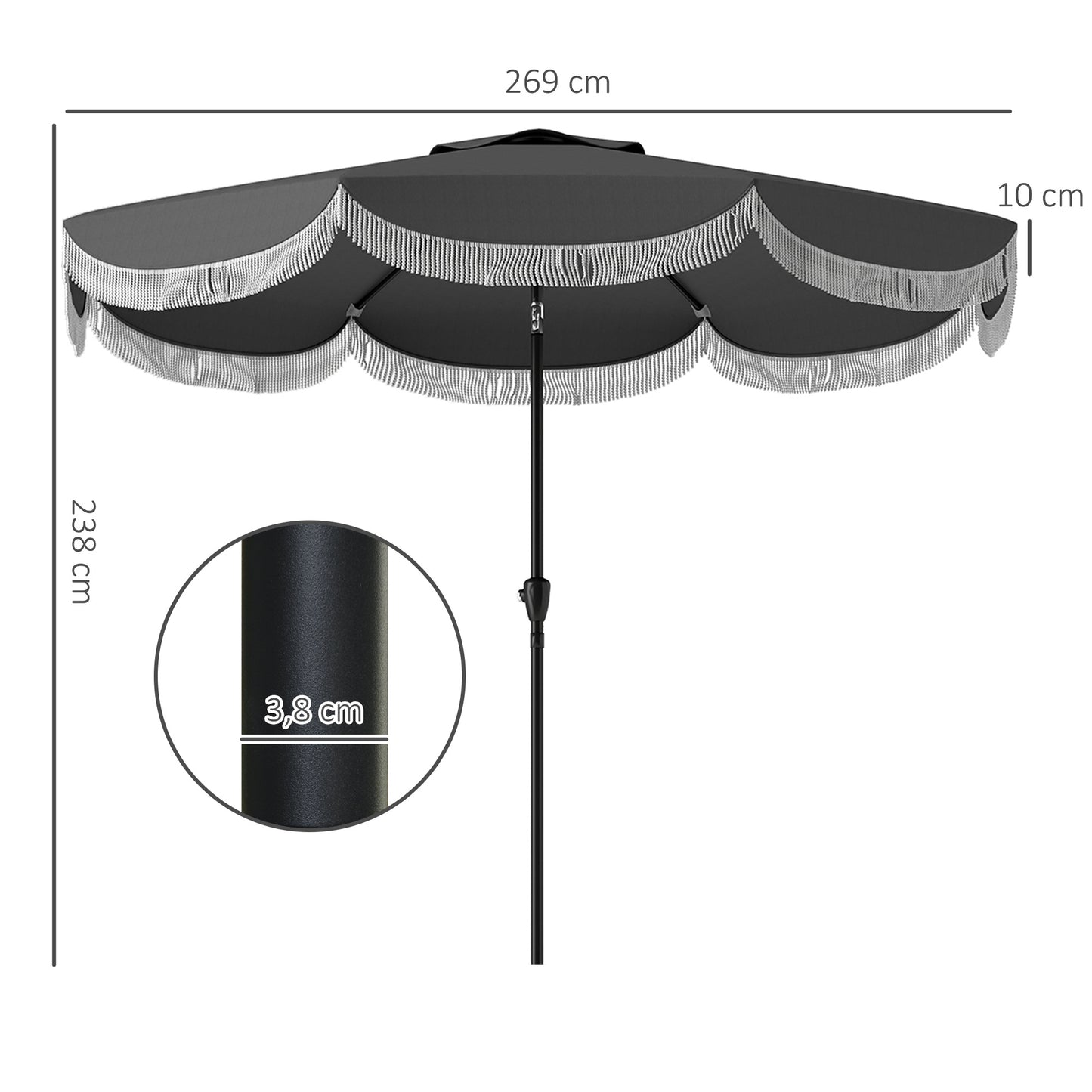Parasol – Stokparasol – Balkonparasol – Tuinparasol – Zweefparasol – Ø269 cm – UV Bescherming UPF 30+ – Kantelbaar Donkergrijs