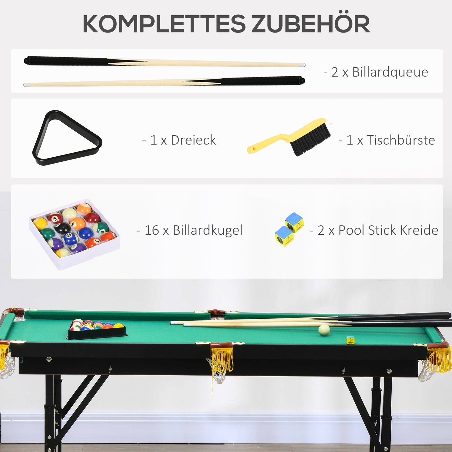 Opvouwbare Biljarttafel – Biljarttafel Vintage – Speeltafel – Pooltafel – Groene Biljart Set – Verstelbare Hoogte – Compleet Met Keuen En Ballen