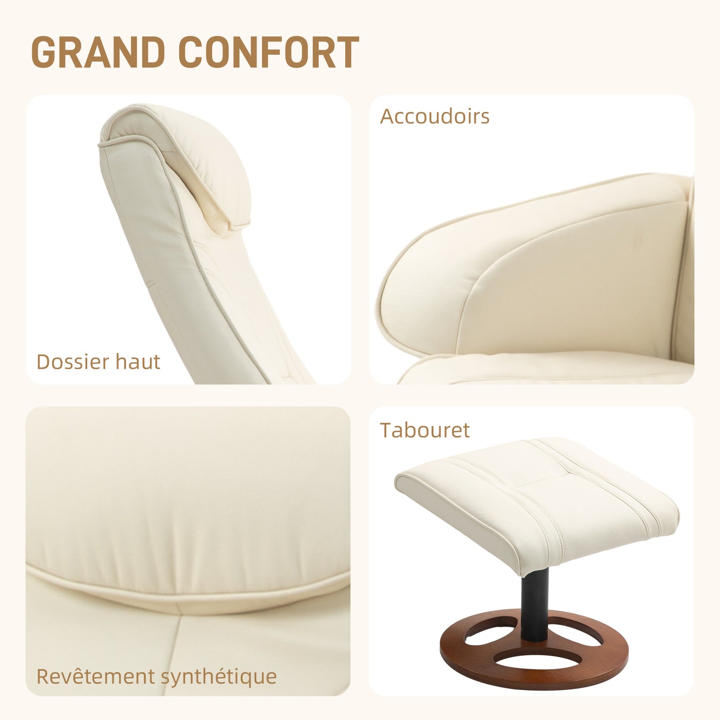 Fauteuil – Relaxstoel – Schommelstoel – Zithoekstoel – Lounge Fauteuil – Verstelbare Rugleuning Tot 135° – Synthetische Bekleding Met Houten Onderstel – Wit