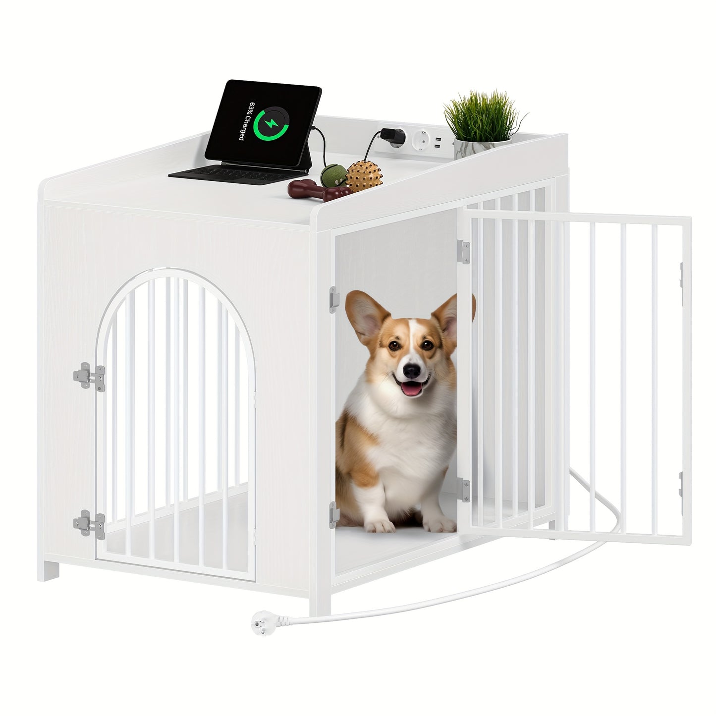 Hondenbench – Hondenkooi – Hondenhok – Hondenren – Dierenbench – Wit – Met USB Poorten En Stopcontacten – 2 Deuren Met Boogvormige Toegang – Geschikt Voor Middelgrote En Kleine Honden – 63x90x79 cm