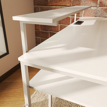 L-vormig Bureau – Hoekbureau – Computertafel – Werkplekbureau – Bureau met Oplaadstation – Wit – Inclusief Monitorstandaard en Opbergruimte