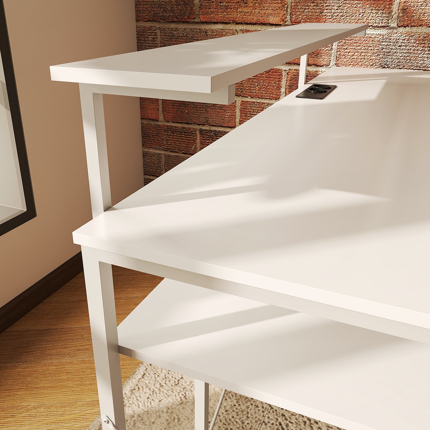 L-vormig Bureau – Hoekbureau – Computertafel – Werkplek Bureau – Laptoptafel – Wit Design – Ingebouwd Oplaadstation – Verhoogde Monitorstandaard