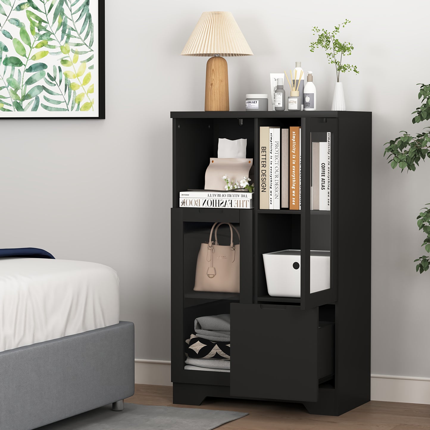Modern Metal Sideboard Storage Cabinet with Glass Doors & Drawers - Black Freestanding Floor Cabinet, 68.58cm Height, Open & Closed Storage for Living Room, Bedroom, Dining Room, Cabinet Storage, Home Organization, Contempora