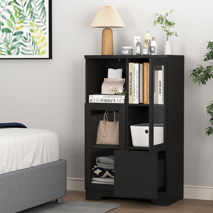 Modern Metal Sideboard Storage Cabinet with Glass Doors & Drawers - Black Freestanding Floor Cabinet, 68.58cm Height, Open & Closed Storage for Living Room, Bedroom, Dining Room, Cabinet Storage, Home Organization, Contempora