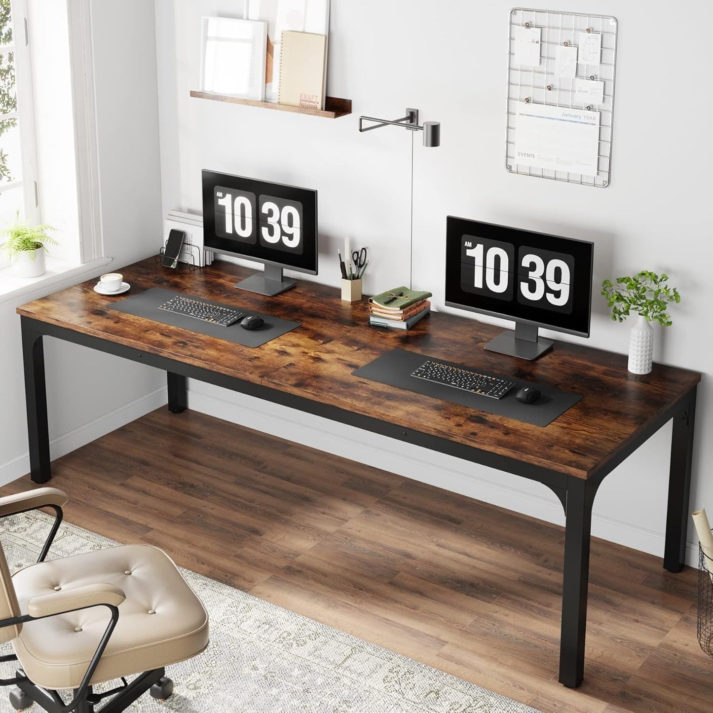 Extra Lange Werkbank – Bureau – Schrijftafel – Werktafel – Eettafel – Ruim Voor Twee Personen – Stevig Met Houtfineer En Metalen Poten
