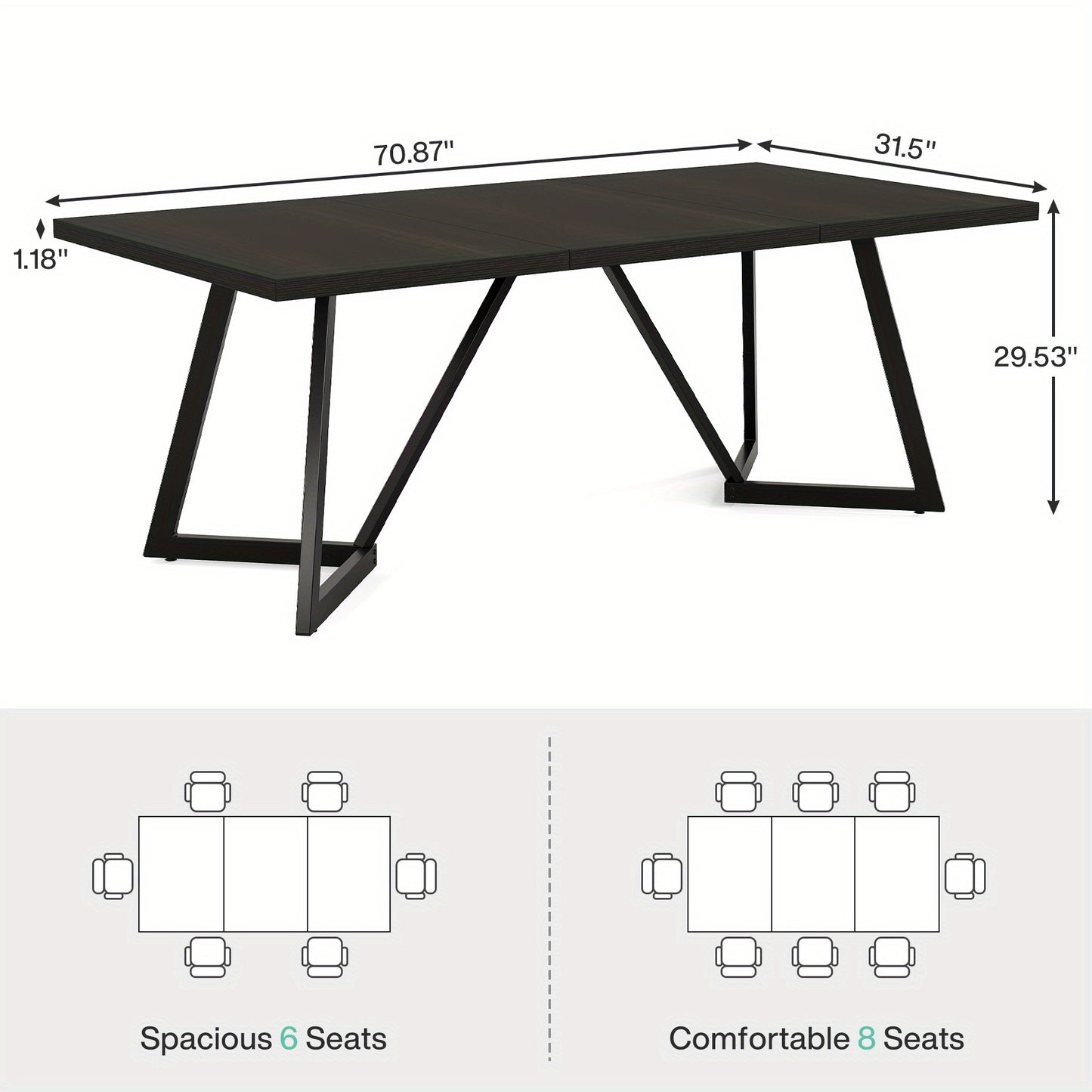 Eettafel – Tafel – Dinertafel – Werktafel – Vergadertafel – Extra Lang 179,98 cm – MDF Houtnerf – Stevige Metalen Poten met Vloerbescherming