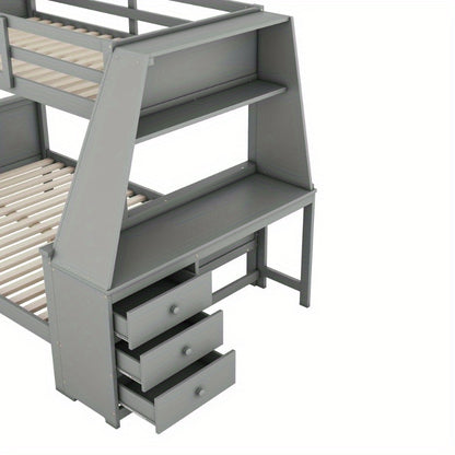Stapelbed – Etagebed – Hoogslaper – Kinderbed – Slaapbank – Modern Grijs – Met Bureau en Opbergruimte – Veiligheidsreling – Ruimtebesparend Ontwerp