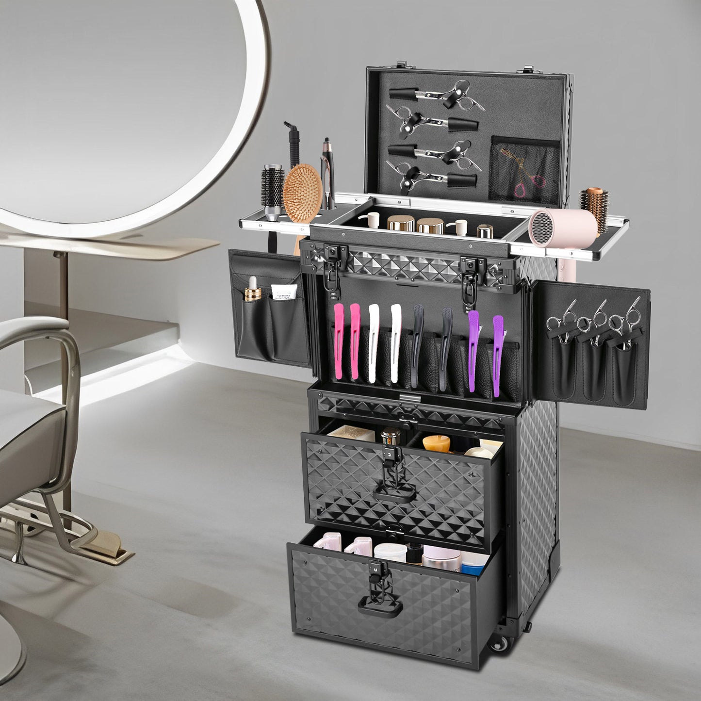 Make-up Koffer – Make-up Trolley – Cosmetica Organizer – Make-up Case – Make-up Trolley Op Wielen – 4 Lagen Indeling – Duurzaam Aluminium Zwart
