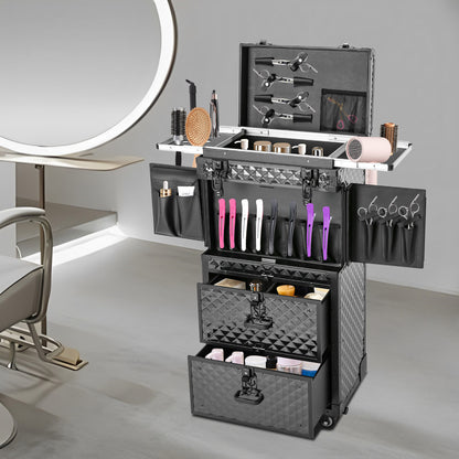 Make-up Koffer – Make-up Trolley – Cosmetica Organizer – Make-up Case – Make-up Trolley Op Wielen – 4 Lagen Indeling – Duurzaam Aluminium Zwart