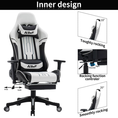 Gamingstoel – Gamestoel – Gaming Chair – Bureaustoel – Game Stoel – Ergonomisch Ontwerp – Verstelbare Lendensteun & Voetensteun – Draaibaar – Wit/Zwart