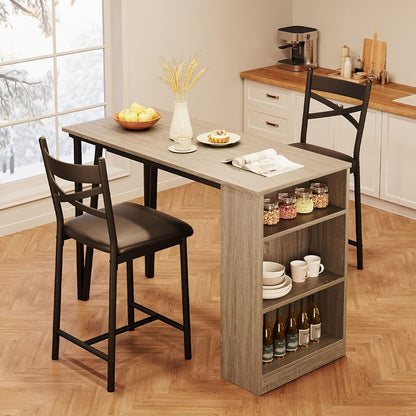 Eettafelset 3-Delig – Eettafel Met Stoelen – Barset – Keukentafel – Ontbijttafel – Compact Ontwerp – 3 Opbergplanken – Grijs Hout Met Metaal