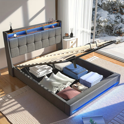 Tweepersoonsbed Frame 160x200 cm met Onderbed Opbergruimte – Modern Platformbed met USB LED, Verstelbare Hoogte (26 cm), Grijs Gestoffeerd Hoofdeinde & Voetbord