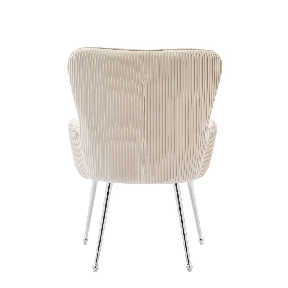 Velvet Dining Chair, Two Piece, Deluxe Model, Suitable for Living Room, Bedroom, Lounge Chair with Four Silvery Metal Legs with Armrests and Adjustable Feet, Lumbar Support Design, Beige, Bedroom Seating, Elegant Seating, Sty