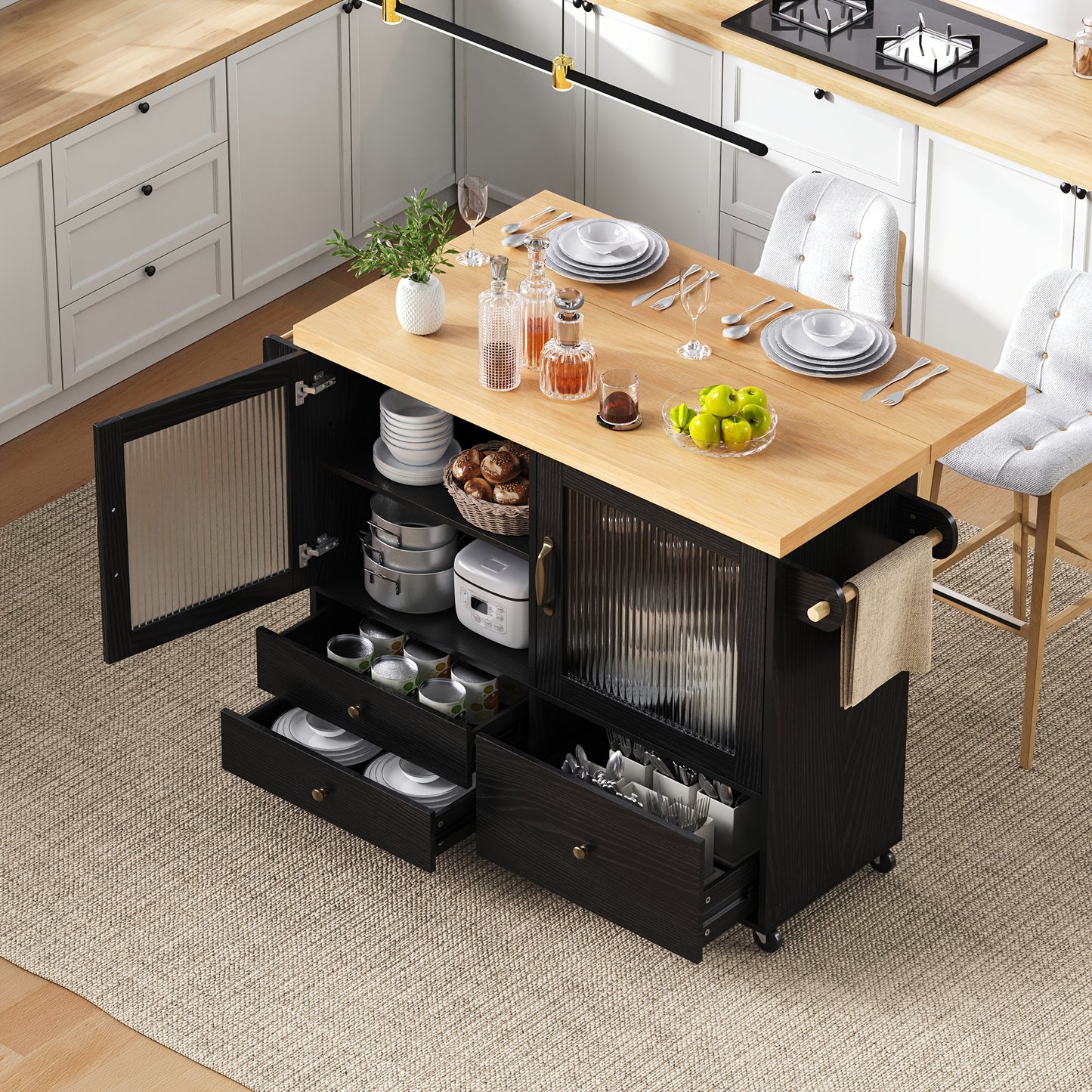 Verplaatsbaar Keukeneiland – Keukentrolley – Bar Tafel – Opbergkast – Eettafel – Inklapbaar – Wijnrek – Wielen Met Rem – Wit – Compact En Stijlvol
