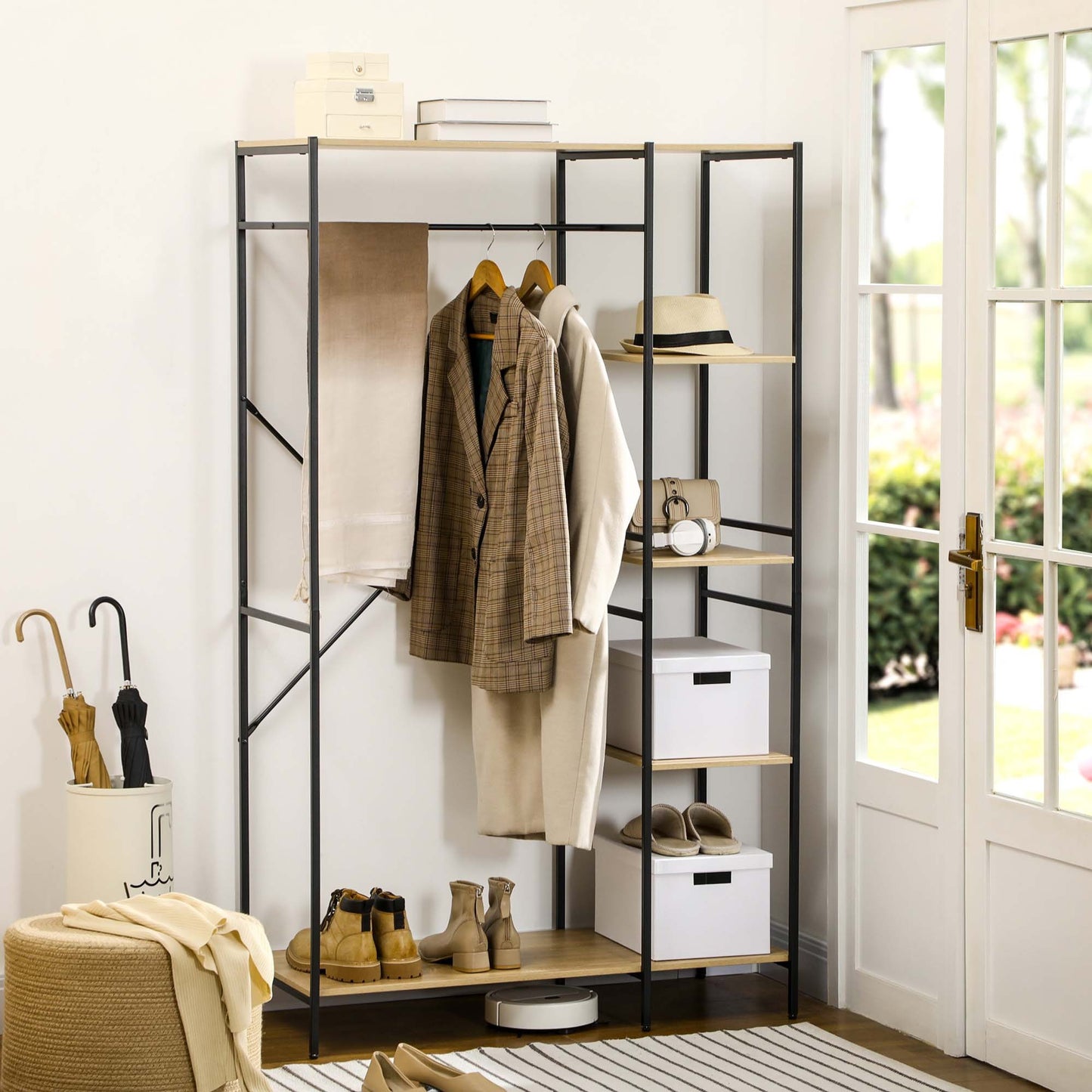 kledingrek – garderoberek – kledingstandaard – kledinghanger – droogrek – industrieel design – metalen frame met houten planken – 100x46x170,5 cm – inclusief wandbevestiging