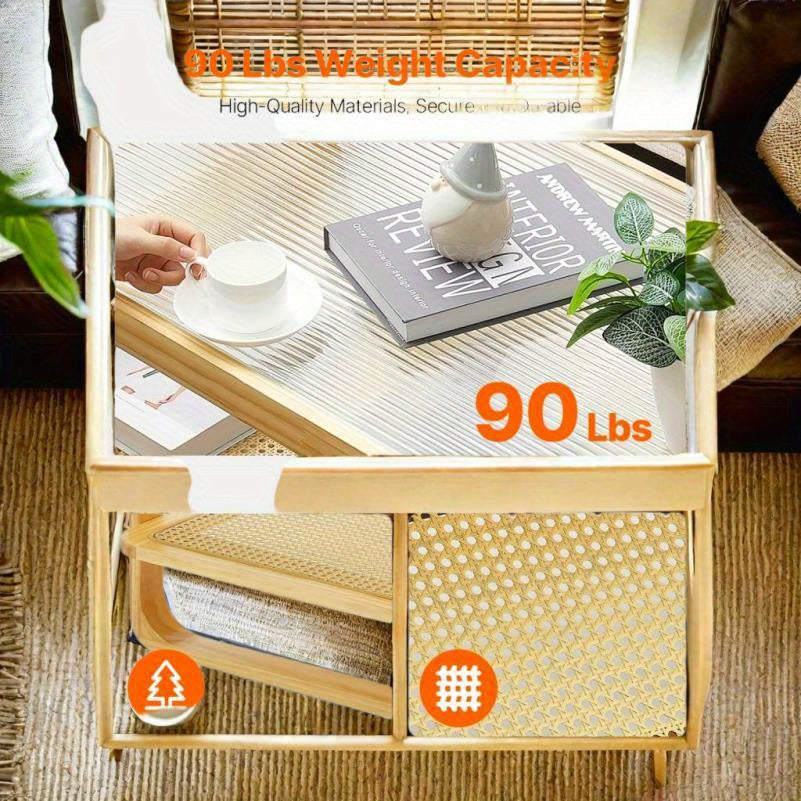 Rattan Salontafel – Rotan Tafel – Lounge Tafel – Woonkamer Tafel – Houten Salontafel – Rechthoekig Twee Niveaus – Natuurlijk Materiaal – Modern Design