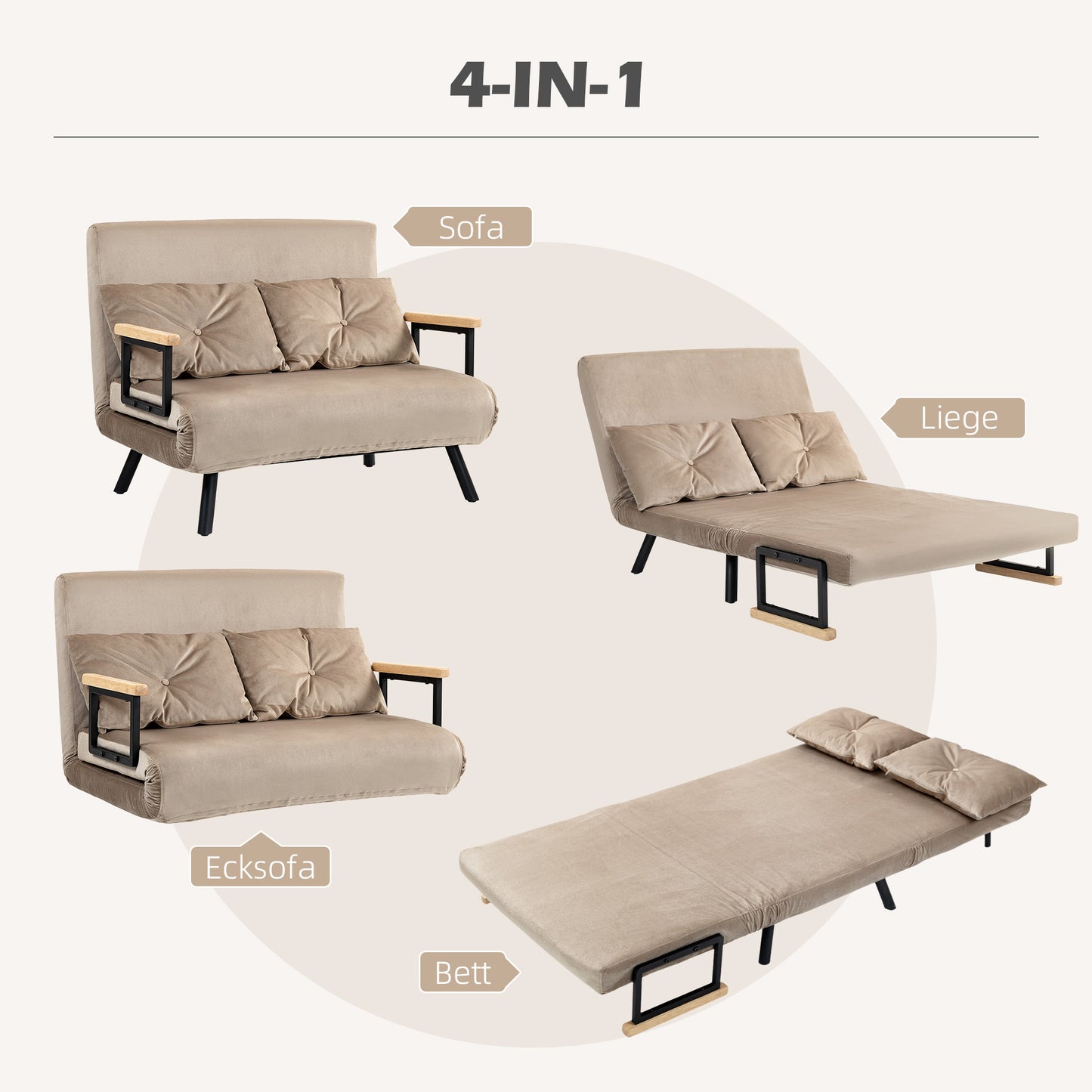 Slaapstoel – Slaapzetel – Logeerstoel – Bedstoel – Campingstoel – Met Houten Armleuningen – Stevig Metalen Frame – Max 120 kg – Lichtbruin – Compact 102x73x81 cm