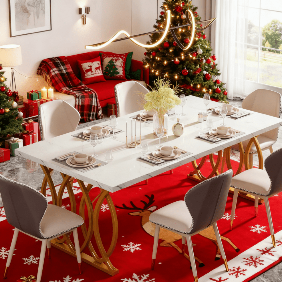 Grote Eettafel – Tafel – Eetkamertafel – Design Tafel – MDF Tafel – Wit Faux Marmer Blad – Gouden Geometrische Poten – 160 cm – Voor 4-6 Personen