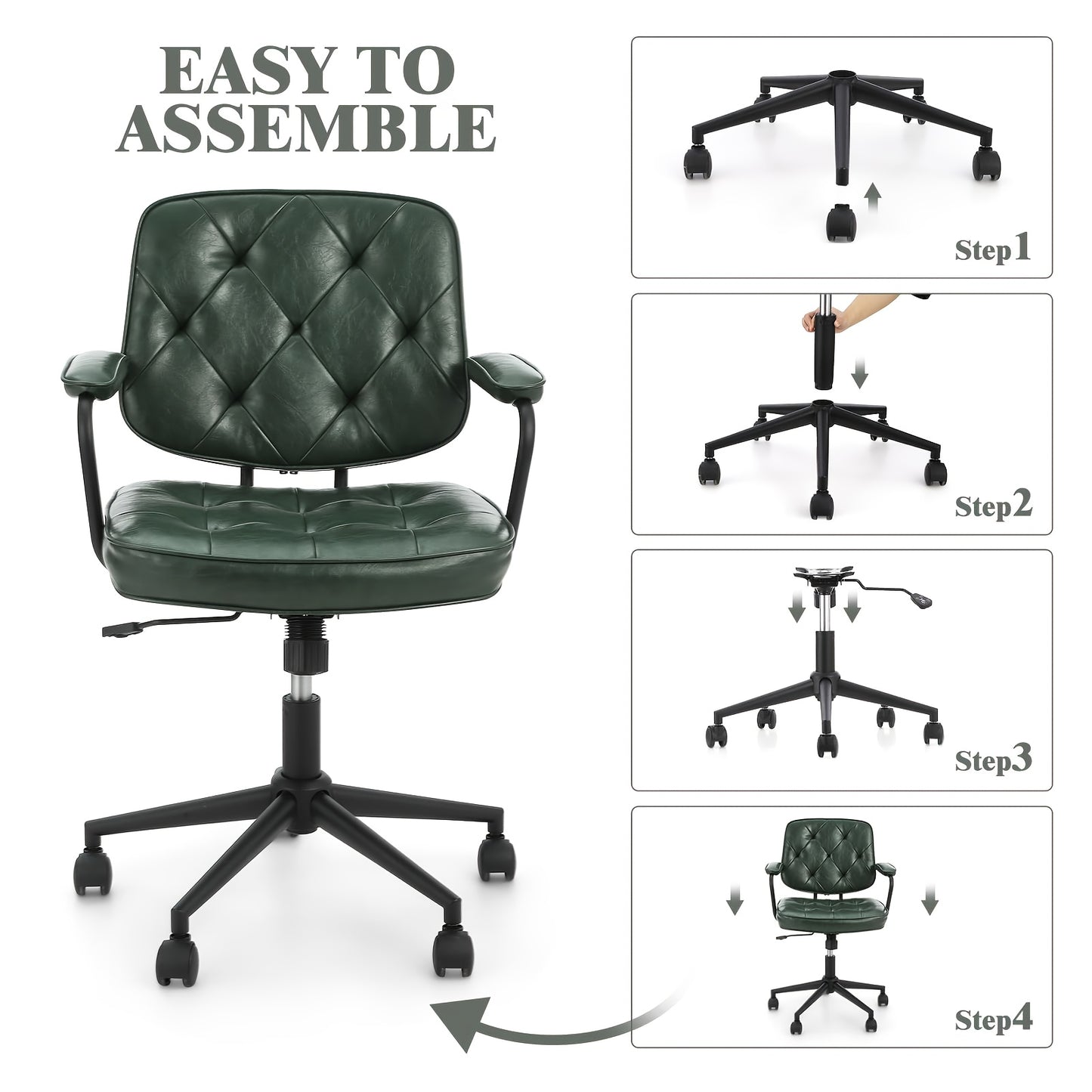 Ergonomische Bureaustoel – Bureaustoel Thuis – Kantoorstoel – Deskchair – Werkstoel – Verstelbare Zithoogte – Mid-Back Lendensteun – Donkergroen PU-Leder – 360° Draaibaar Met Wieltjes