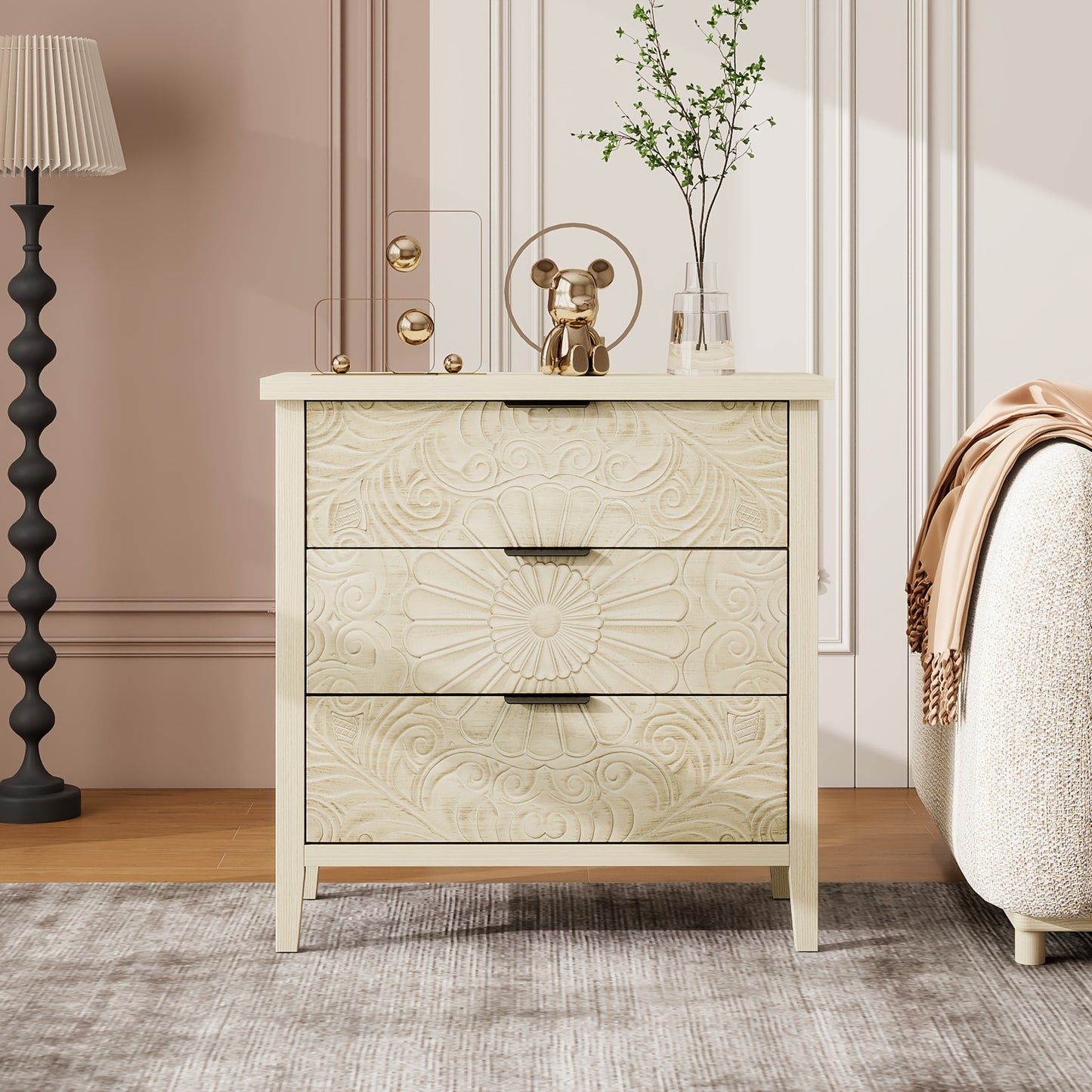 Opbergkast – Ladekast – Bergkast – Nachttafel – Dressoir – Khaki Rattan – 3 Laden – Compact Design