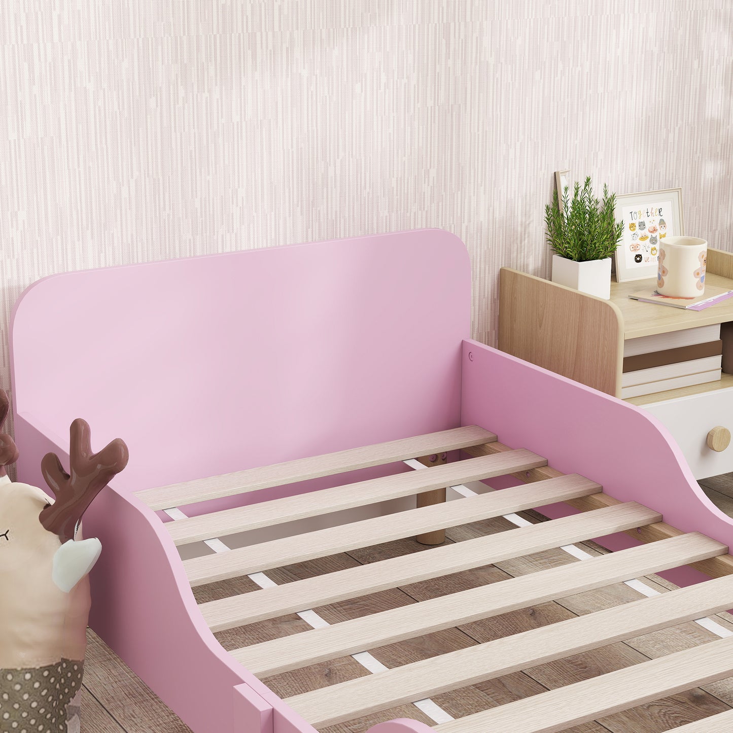 Kinderbedframe – Eenpersoons Bed – Kinderbed – Bedframe Met Veiligheidsrail – Kinderbed Roze – Compact Formaat – Stevig Materiaal