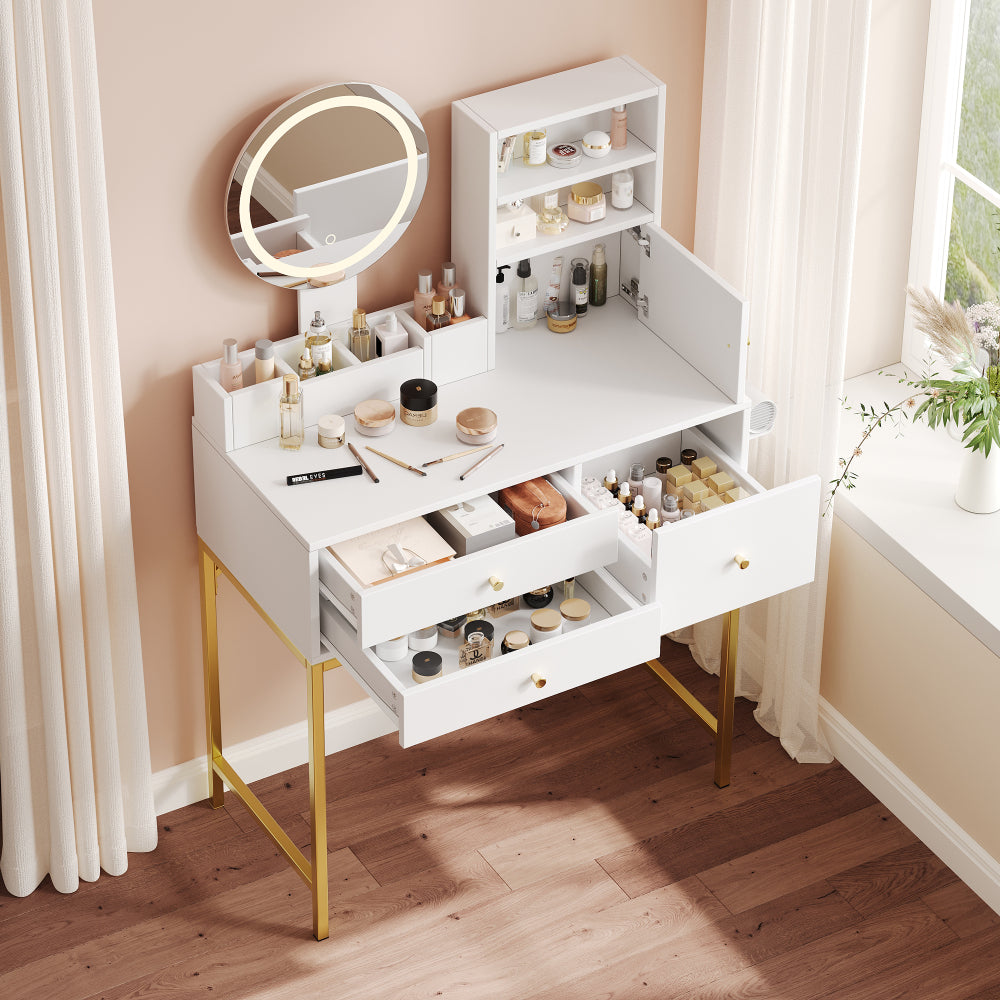 Grote Kaptafel – Make-uptafel – Dressing Table – Toilettafel – Schminktisch – Met 3 Lades en 1 Deur – Inclusief Spiegel en Open Opbergruimte – Wit 80x134x40 cm