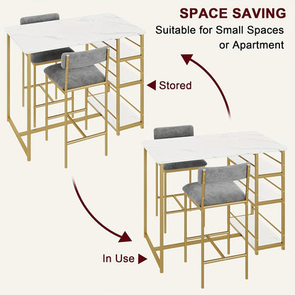Barset Golden Marble – Bistrotafel Set – Eettafel Compact – Keukentafel Met Stoelen – 3-Tier Rek – Ruimtebesparend – Moderne Gouden Accent