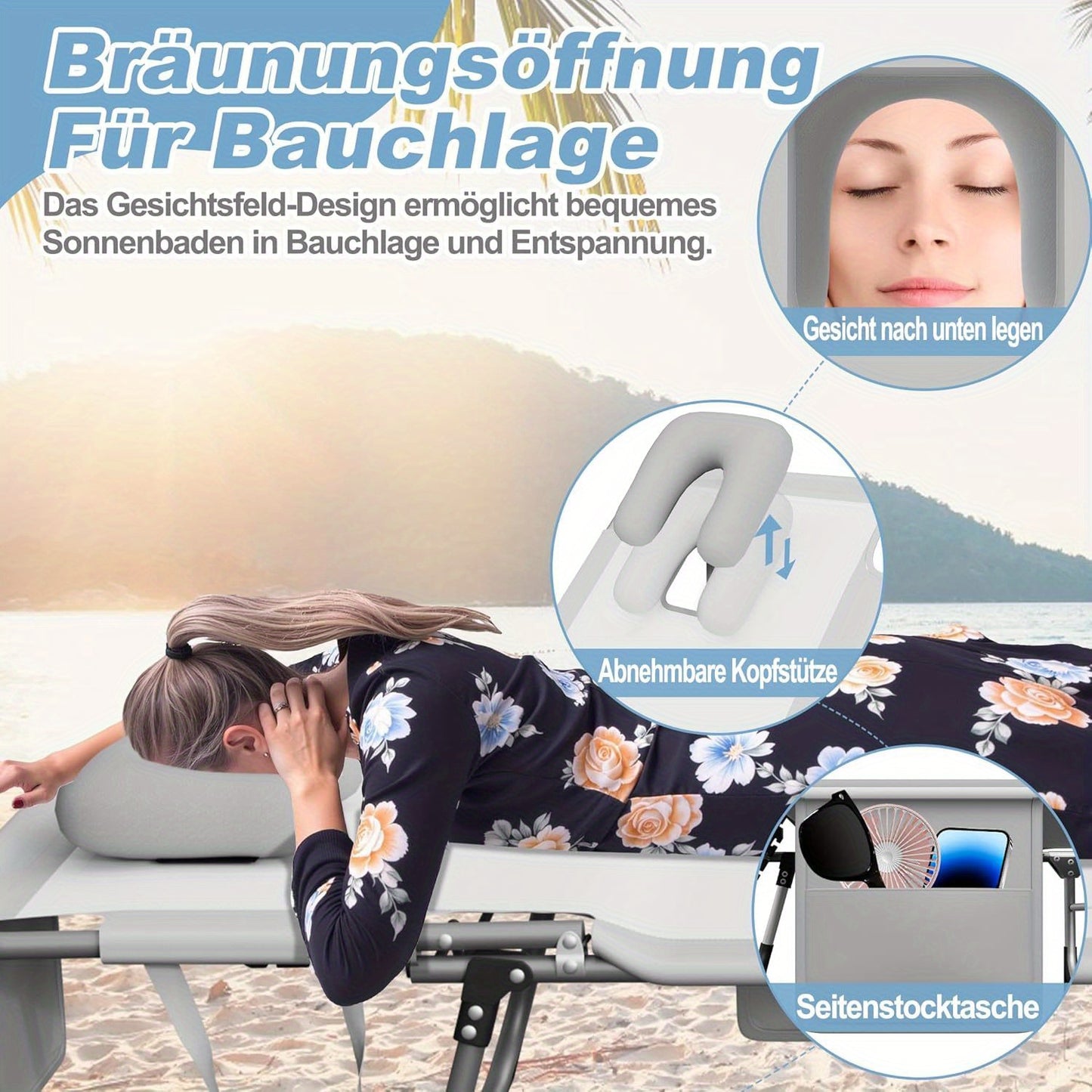 Ligstoel – Relaxstoel – Tuinstoel – Inklapbare Stoel – Ligbed – Stevig Kunststof Frame – Handmatig Verstelbare Rugleuning – Compact Opvouwbaar – Comfortabel Hoofdkussen – Lichtgrijs