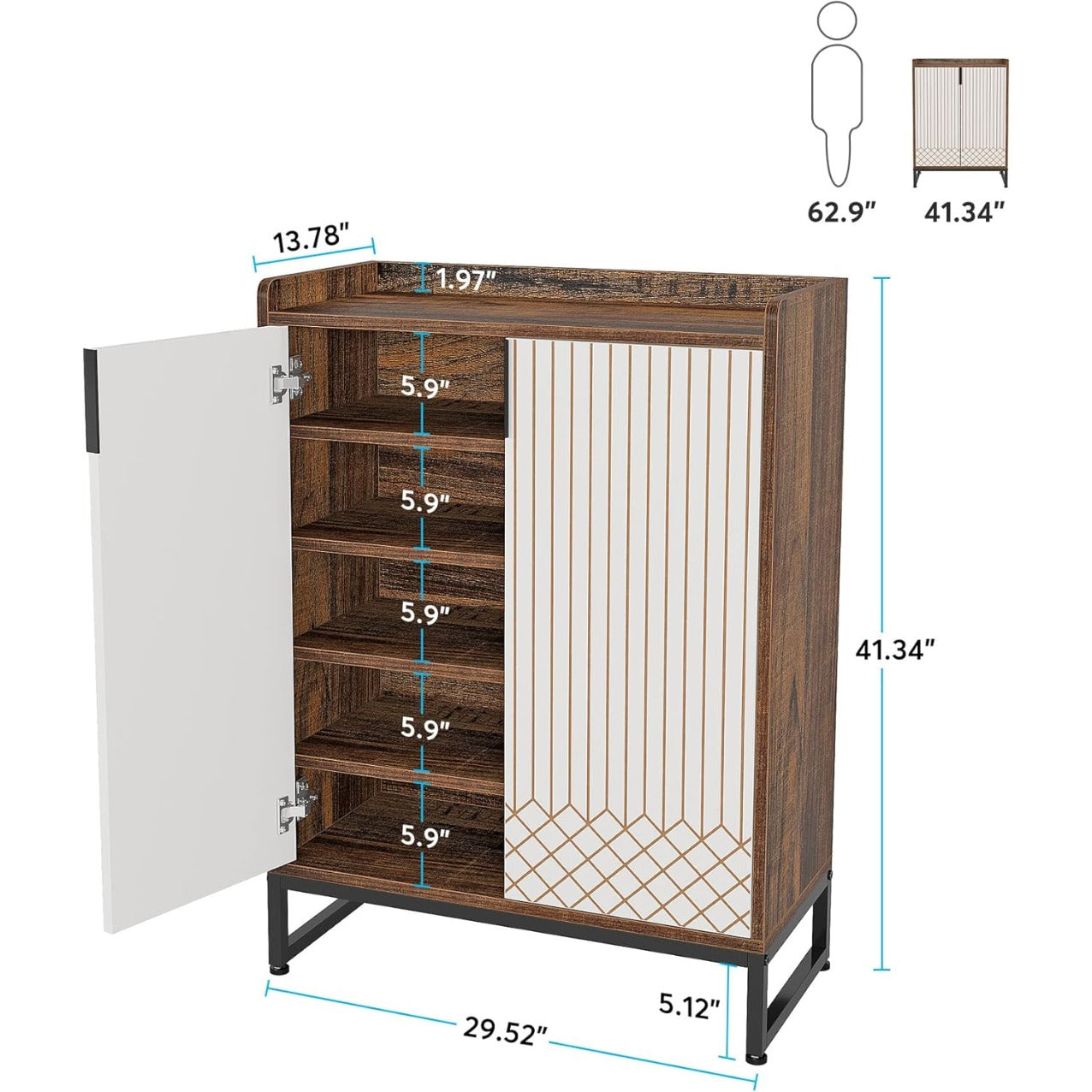 Schoenenkast – Schoenenrek – Schoenenopberger – Halkast – Schoenenkastje – 25 Paar Capaciteit – Compact Met Metalen Frame – Moderne Smalle Schoenenkast Met 2 Deuren – Wit Bruin