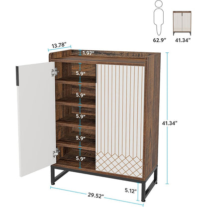 Schoenenkast – Schoenenrek – Schoenenopberger – Halkast – Schoenenkastje – 25 Paar Capaciteit – Compact Met Metalen Frame – Moderne Smalle Schoenenkast Met 2 Deuren – Wit Bruin