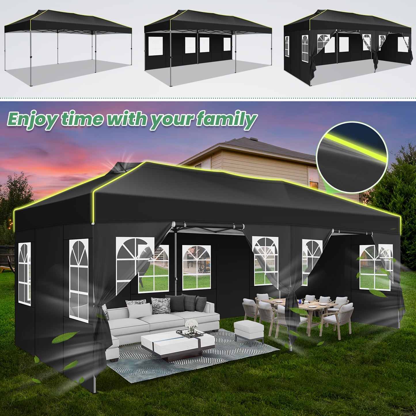 Pop-up Partytent 3x6m – Vouwtent – Evenementtent – Feesttent – Marktstand – Zes Afneembare Zijwanden – Fluorescerende Strepen